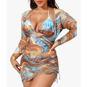Aqua Eve Women's Bikini Set Size 4XL 3PC Abstract Blue Swimsuit Cover Up NWOT